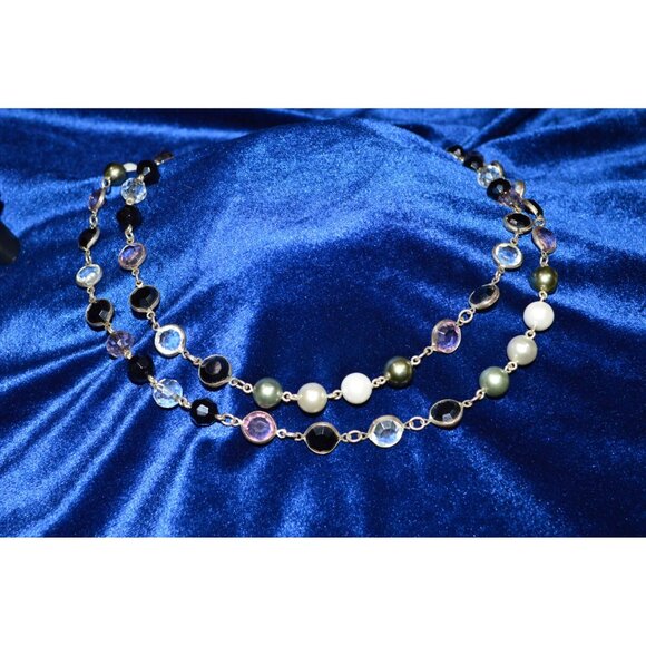 Premier Designs Multi Strand Necklace Black Clear Gemstones Chain Faux Pearls - Picture 2 of 6